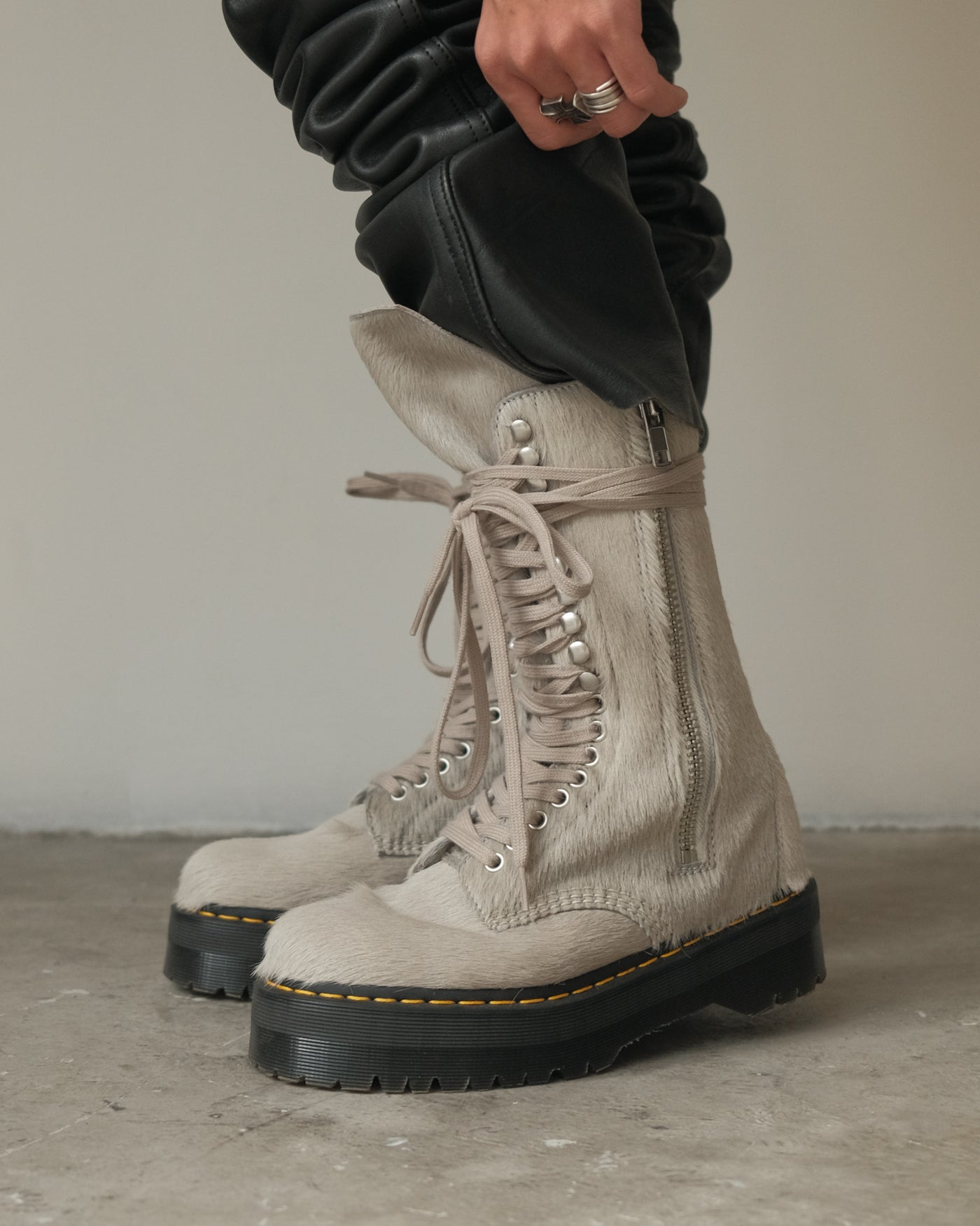 Rick Owens x Dr. Martens ‘Calf Hair’ Hi-top Light Grey Side Zip Boots