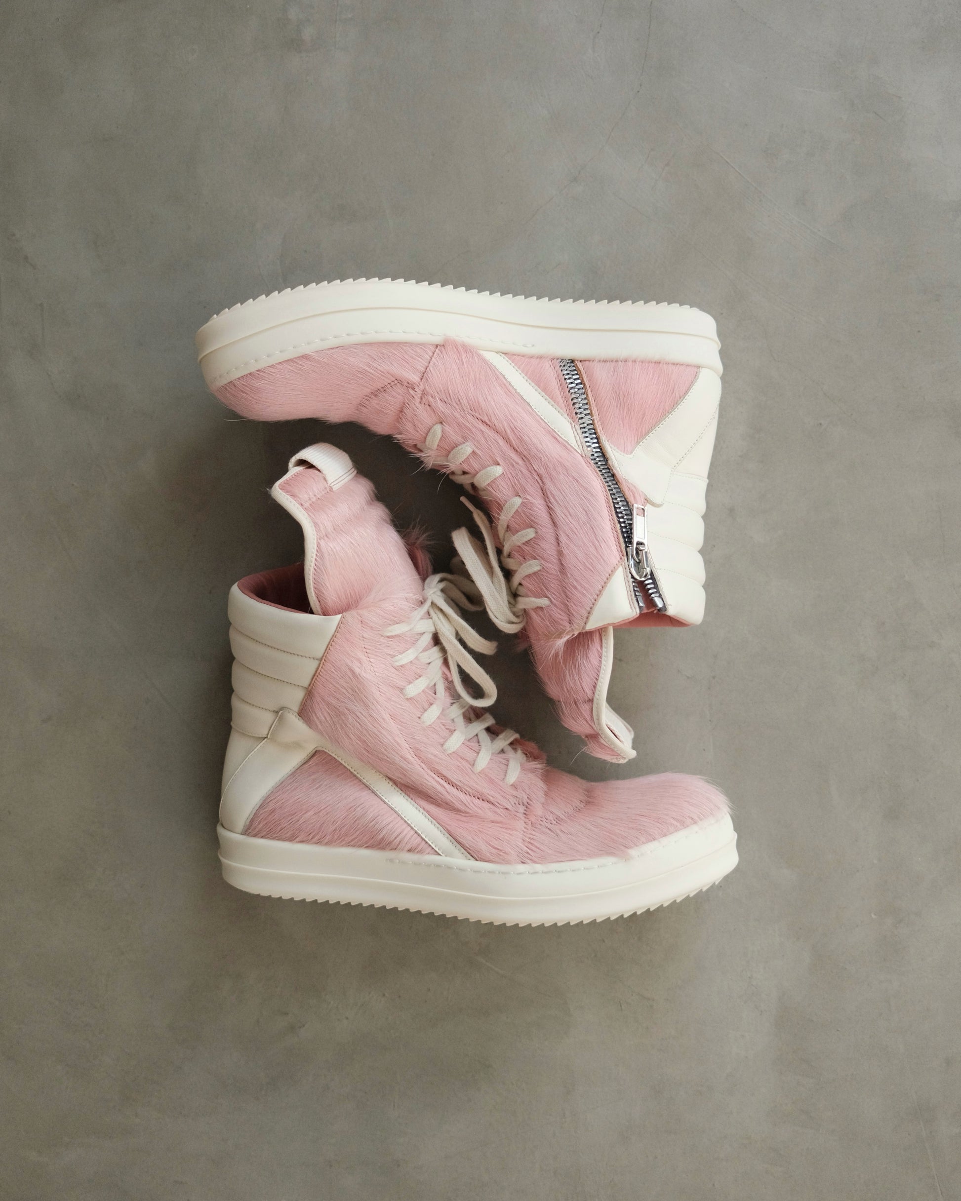 RICKOWENS Pink Geobasket Pony Hair Sneakers