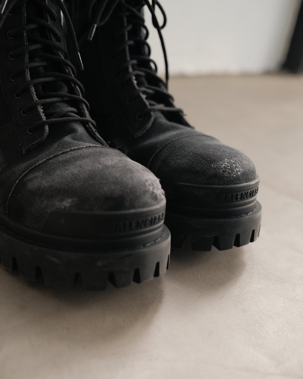 BALENCIAGA Strike Distressed Lace-Up Boots